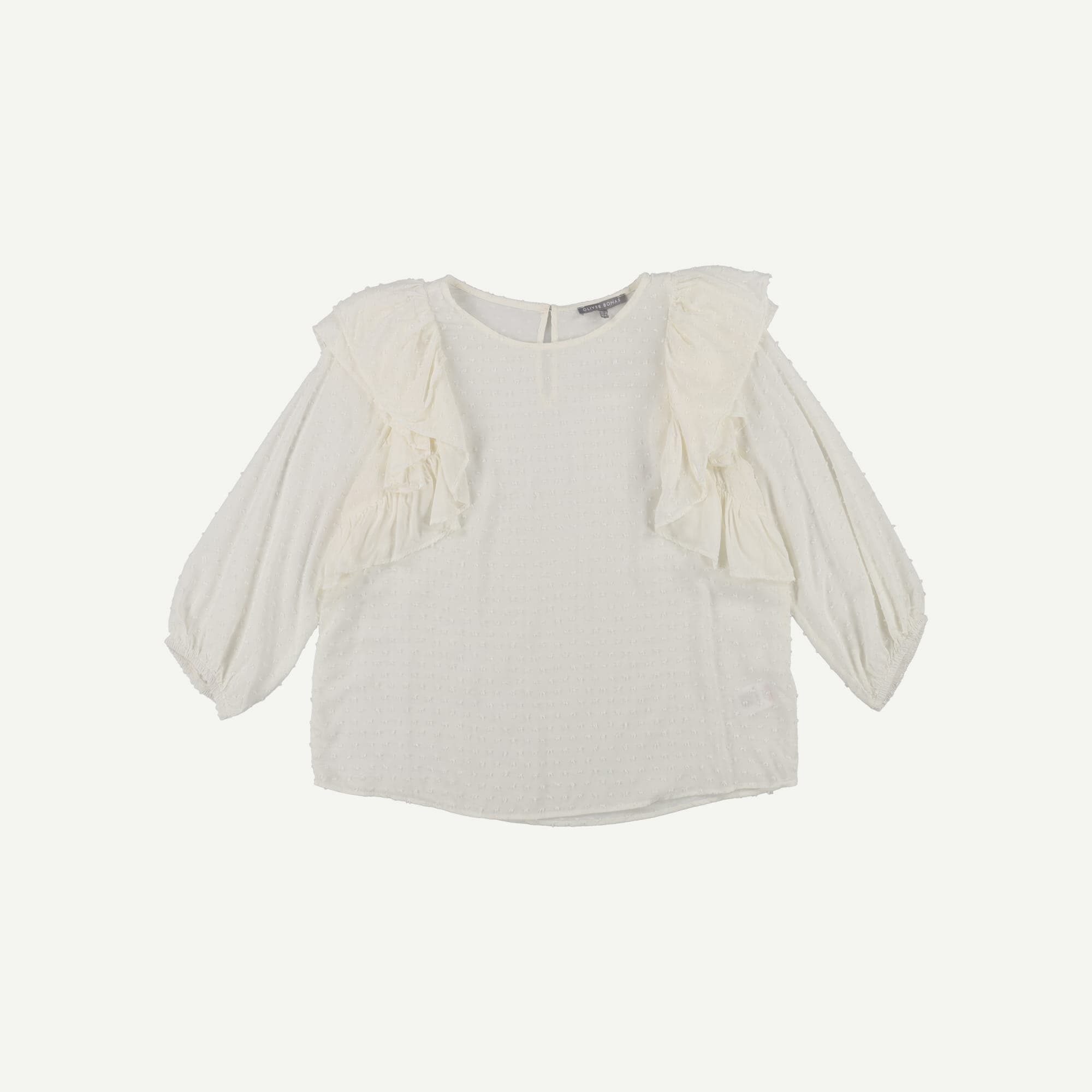 Dobby Spot Ruffled White Blouse